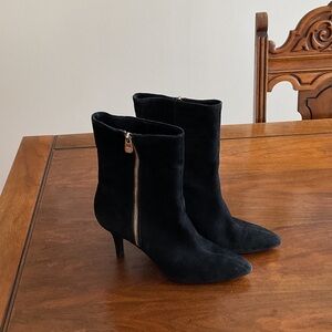 Anne Klein Black Heeled Boots with Zipper, black suede, ankle boots